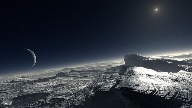 CRIRES model-based computer-generated impression of the Plutonian surface, with atmospheric haze, and Charon and the Sun in the sky.