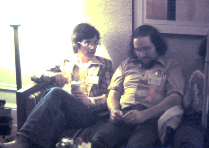 File 770's very own James H. Burns (back when he was more usually known as Jim!), circa 1976 or 1977 (when he was only thirteen or fourteen years old, but already writing for some of the science fiction film magazines!), with long time SF fan and 1970s convention organizer, Steve Rosenstein. Photo by Patrick O’Neill.