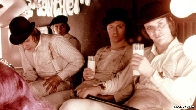 Clarke (far left) in A Clockwork Orange.