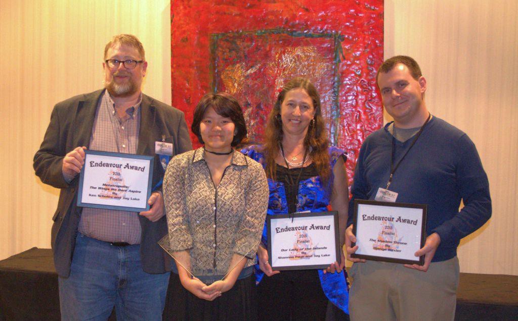 L-R: finalist Ken Scholes; Bronwyn Lake, Jay Lake's daughter; finalist Shannon Page; finalist Django Wexler. Finalist Patricia Briggs was not able to attend. Photo by Jim Fiscus.