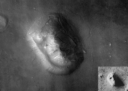Mars Reconnaissance Orbiter image by its HiRISE camera of the "Face on Mars". Viking Orbiter image inset in bottom right corner.
