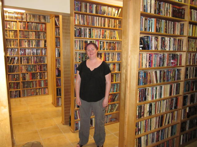 Clare McDonald-Sims visited LASFS' labyrinthine library on July 21. Photo by Marty Cantor.