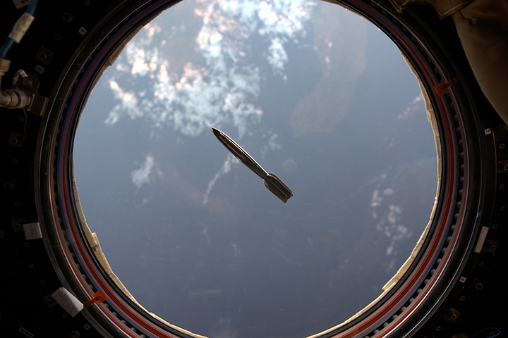 Mini Hugo rocket carried into space and photgraphed by astronaut Kjell Lindgren in 2015. 