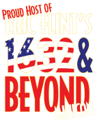 1632 and Beyond convention logo. Red, white and blue design incorporates elements of USA flag