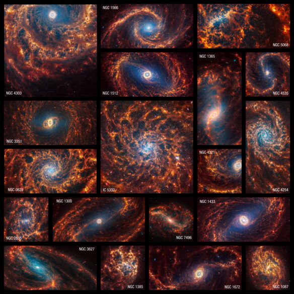 Collage of 19 photos of spiral galaxies taken by James Webb Space Telescope