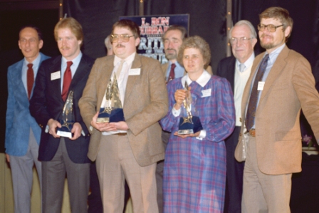 Jor Jennings was a quarterly Writers of the Future Contest winner in its first year. She's posed bteween Robert Silverberg and Jack Williamson. Gregory Benford is on the right, Roger Zelazny is on the far left.