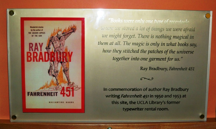 Plaque commemorating Ray Bradbury's use of Typing Room at UCLA's Powell Library to write Fahrenheit 451.