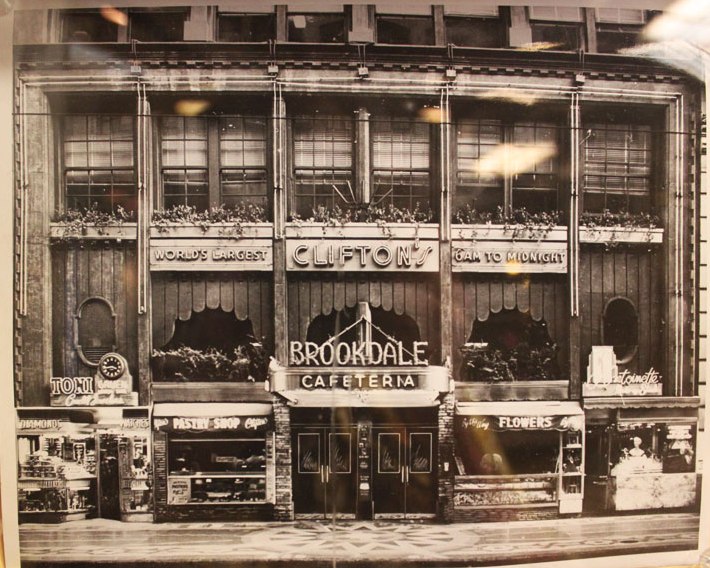 Clifton's Cafeteria with original facade.