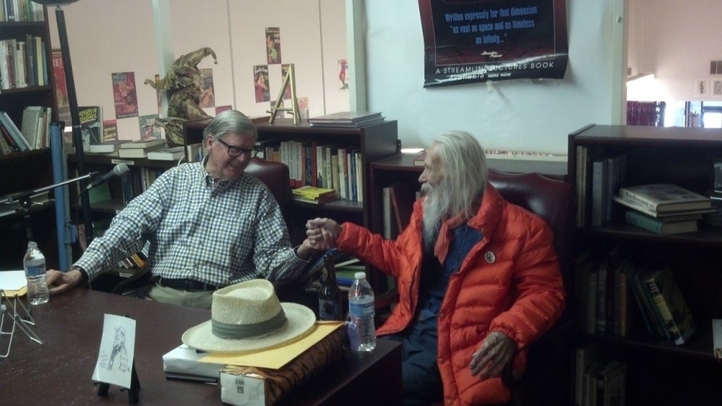 Earl Hamner Jr. and George Clayton Johnson at Myster & Imagination Bookshop in 2012. (Photo by John King Tarpinian.)