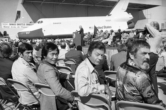 Star Trek actors attending 1976 unveiling of space shuttle Enterprise.