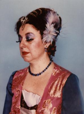 Adrienne Martine-Barnes at Costume Con 3 in 1985 wearing "Tea Party Gown from Planet Glitzy"