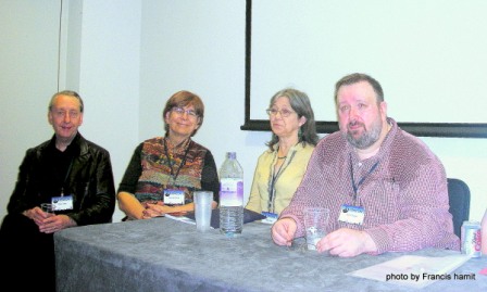 Loncon 3 Guests of Honor Bryan Talbot, Jeanne Gomoll, Robin Hobb, with co-chair Steve Cooper at the press briefing.