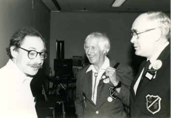 Sidney, Dave Kyle and James White at the 1987 Worldcon in Brighton. Photo taken and copyright by Andrew Porter.