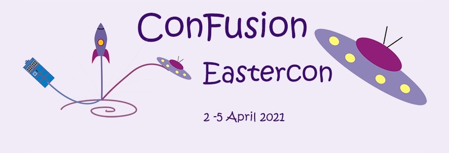 ConFusion 2021 Eastercon Logo Banner, with a small TARDIS, a rocket, and a flying saucer