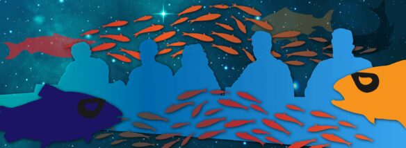 A silhouette of five editors seated at a table sits over a dark starry sky. Multicolored fish, some with markings like burglar masks, swim behind and between it all.