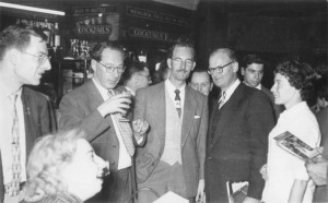 1957 Worldcon in London: (Seated at left) Belle Dietz. (Standing) Frank Dietz, John Wyndham, Sam Moskowitz (in background), Ted Carnell, Arthur C. Clarke, Bob Silverberg, Barbara Silverberg.