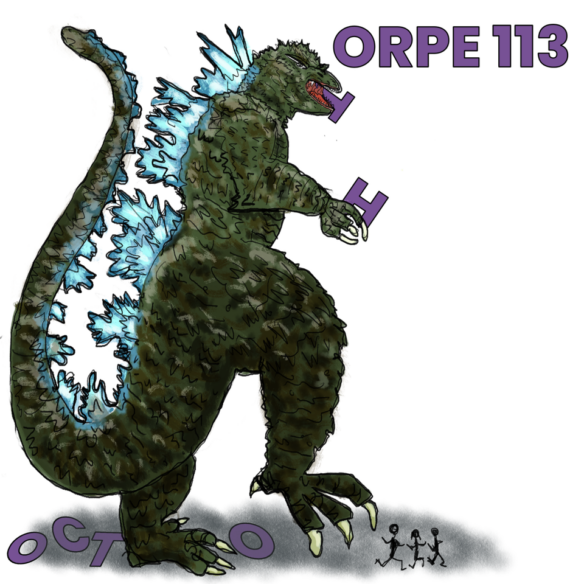 Three stick figures run from Godzilla, who is depicted in the style of Godzilla Minus One. The words “Octothorpe 113” used to be at the top of the art, but Godzilla has knocked off the letters “O C T O”, is holding “H”, and is trying to eat “T”.