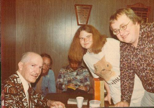 Robert Heinlein, Beverly Warren and Bill Warren at LASFS in 1976. Photo from Fanac.org.