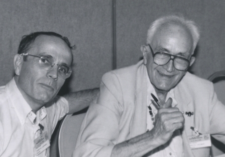 Justin Leiber and his father, Fritz Leiber Jr., at a 1980s World Fantasy Convention. Photo by and Copyright © Andrew I. Porter.
