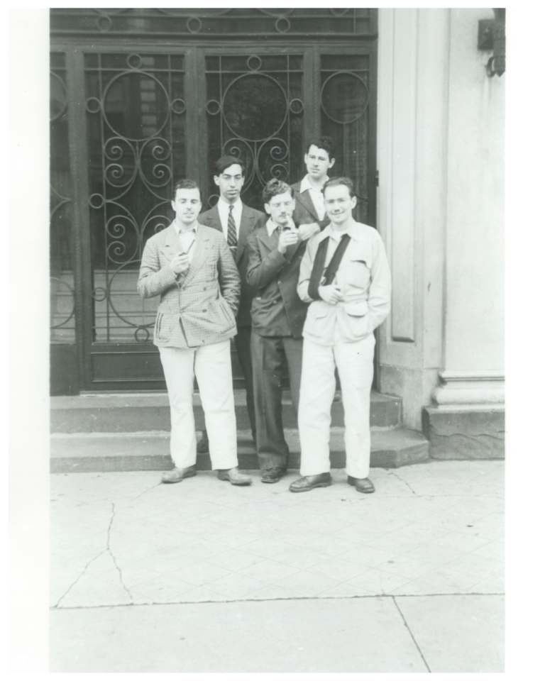 (L-R) Robert W. Lowndes, Donald A. Wollheim, Chester Cohen, Cyril Kornbluth, John B. Michel. (Photograph by Jack Robins.)