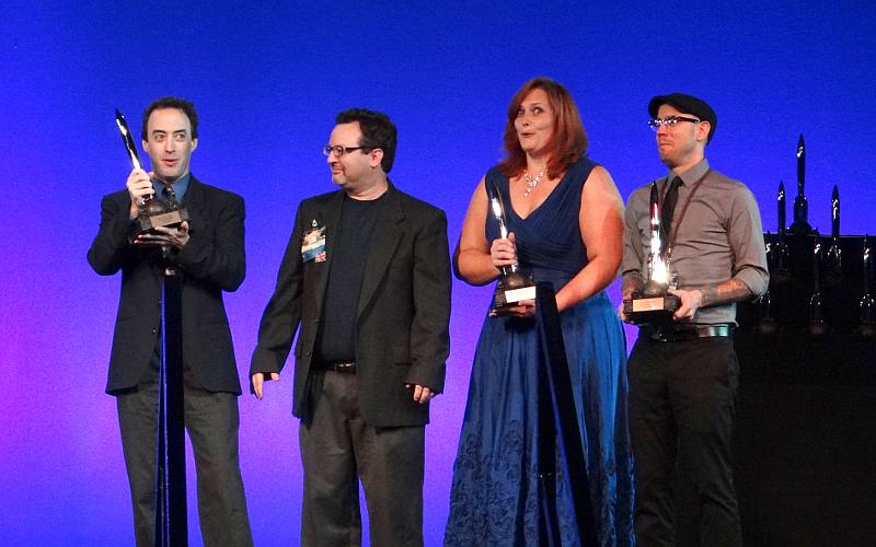 Clarkesworld crew accept Best Semiprozine Hugo at LoneStarCon in 2013.