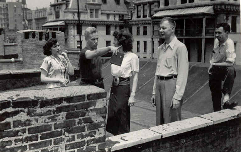 Bea Mahaffey, Hannes Bok, Deedee and Roy Lavender, and Stan Skirvin on a New York rooftop