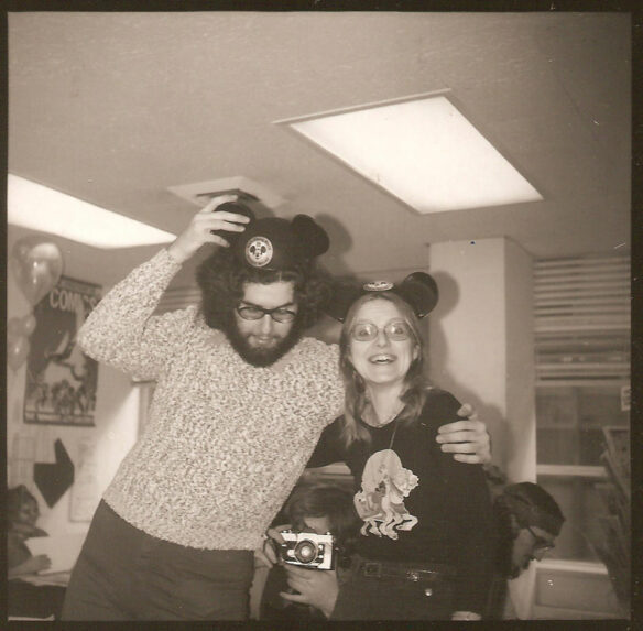 A mid-’70s Marvel Bullpen pic of Scott Edelman in Mickey Mouse ears with Irene Vartanoff, Chris Claremont, Bonnie Smith, and Roger Slifer.