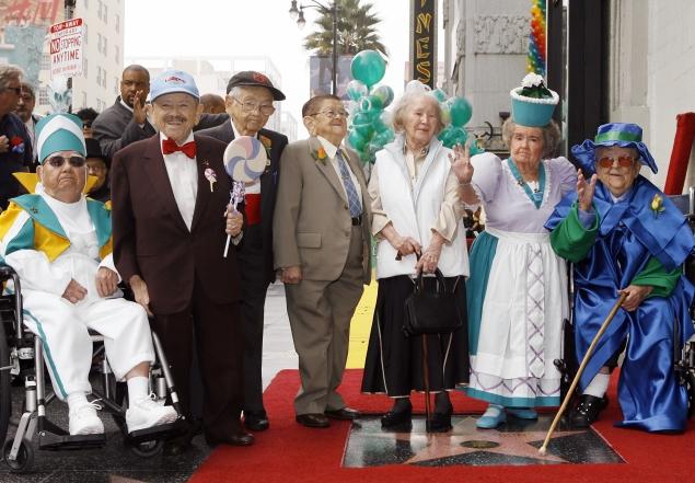 In 2007 the then-suriving Munchkins posed with their star on the Hollywood Walk of Fame. (L-R) Clarence Swensen, Jerry Maren, Mickey Carroll, Karl Slover, Ruth Duccini, Margaret Pelligrini and Meinhardt Raabe.  