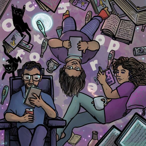 John is in the bottom-left, sitting in a chair, wearing a blue shirt and purple trousers, holding a can, and reading an ebook. Alison is in the upper-middle, lying down upside down, wearing a purple shirt and stripy trousers, and reading an ebook. Liz is in the bottom-right, wearing a pink shirt with green trousers, holding a mug of a hot beverage, and reading a physical book. They are surrounded by floating beer bottles, books, the Moon, a mug with a moose on it, and two cats. The word “Octothorpe” appears in scattered letters around the artwork, against a pinky-purple background.