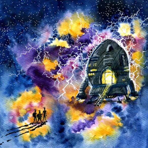 The background is a starry, lightning-filled square in blues, purples, and yellows. Atop that, there is a spaceship, somewhat like a rocket, with engines coming out of the sides. There are yellow lights shining from it, and a ladder reaches up to a central archway. John, Alison and Liz are depicted as silhouettes, regarding it with wonder. Their shadows stretch off the canvas, and they look faintly alien or futuristic in a hard-to-define manner.