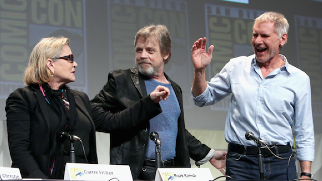 Carrie Fisher, Mark Hamill and Harrison Ford at SDCC 2015.