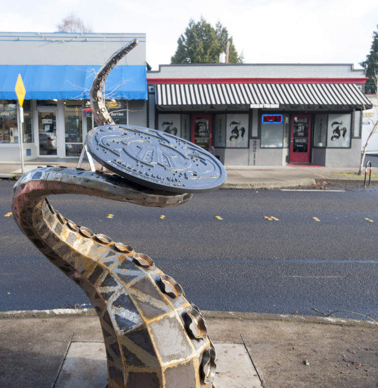 A newly installed tentacle sculpture is seen on Main Street in Vancouver Wednesday January 6, 2016. (Natalie Behring/The Columbian)