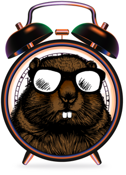 Cartoon image of groundhog wearing eyeglasses superimposed on old-fashioned alarm clock with two bells on top