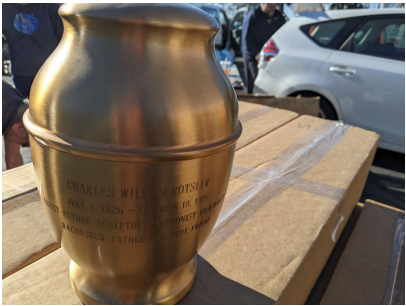 Color photo. Bronze-colored urn for holding the ashes of William Rotsler.