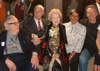 Ray Bradbury, Bela Lugosi, Jr., Carla Laemmle, Sara Karloff and Ron Chaney at Laemmle's 100th birthday party in 2009. Photo by John King Tarpinian.