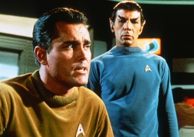 "THe Cage" -- Jeffrey Hunter as Captain Pike. Leonard Nimoy as Spock.