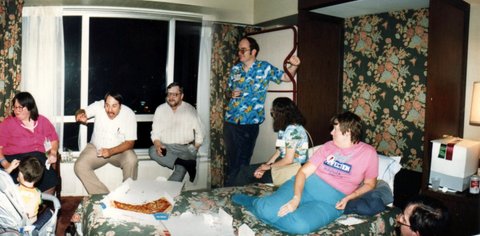The Cult apa séance at Noreascon 3. L-R: KT Fitzsimmons, Elst Weinstein, (?), Rich Lynch, Nicki Lynch, Kathleen Meyer, Kirby Bartlett-Sloan (on floor to right). (It was really just a party, but that's what they called it.)