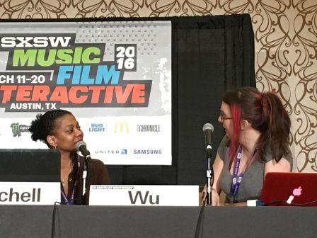 Digital Sistas executive officer Shireen Mitchell and Giant Spacekat co-founder Brianna Wu speak at SXSW on Saturday in Austin, Tex. (Brian Fung / The Washington Post) 