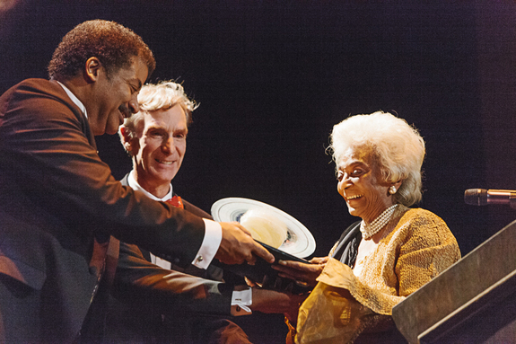 Neil deGrasse Tyson (left) accepted The Planetary Society's Cosmos Award for Outstanding Public Presentation of Science. Bill Nye (middle) was on stage as Tyson accepted the award from Nichelle Nichols (right), who is best known for playing Lt. Uhura on "Star Trek" (the original series) and who is an advocate for real-world space exploration.
